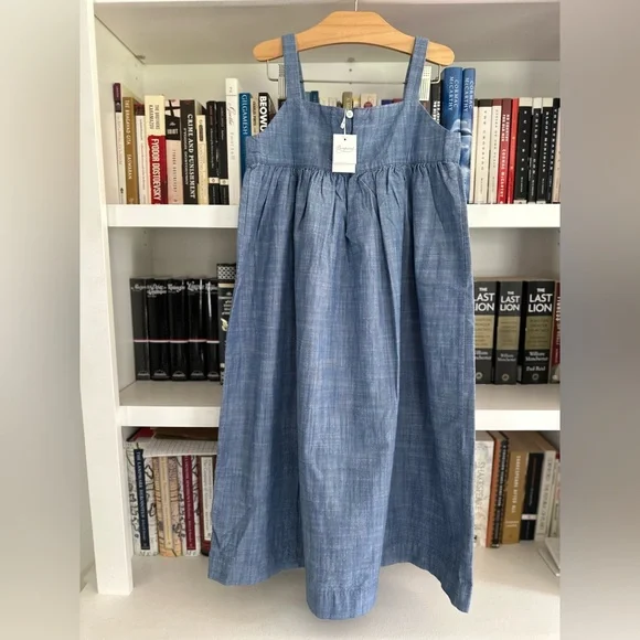 NWT Bonpoint Fedora Cotton Chambray Dress with Floral Embroidery, Size 10A